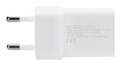 Mobilize Wall Charger Usb-C + Usb Gan 30W With Pd/Pps White - Essentify