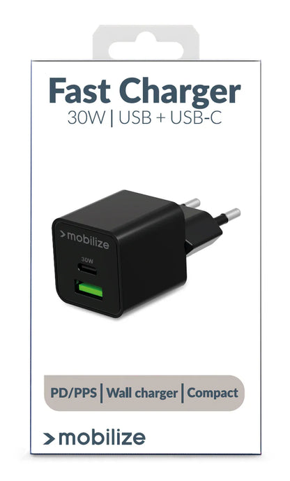 Mobilize Wall Charger Usb-C + Usb Gan 30W With Pd/Pps Black - Essentify