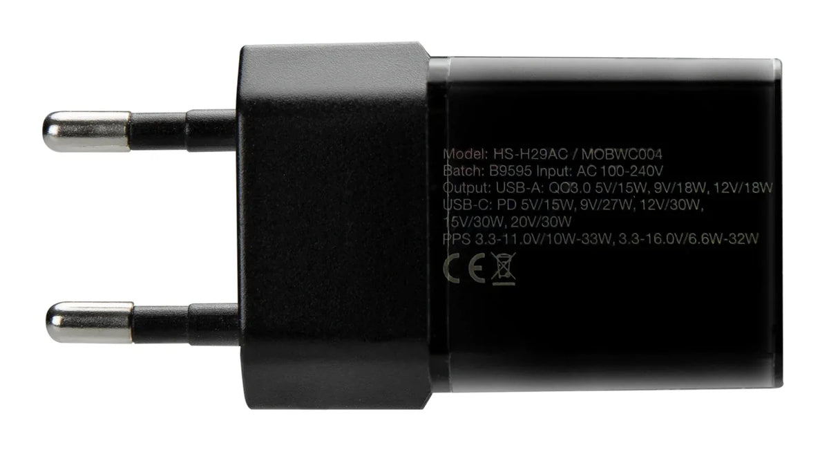 Mobilize Wall Charger Usb-C + Usb Gan 30W With Pd/Pps Black - Essentify
