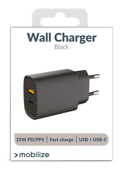 Mobilize Wall Charger Usb-C + Usb 25W With Pd/Pps Black - Essentify