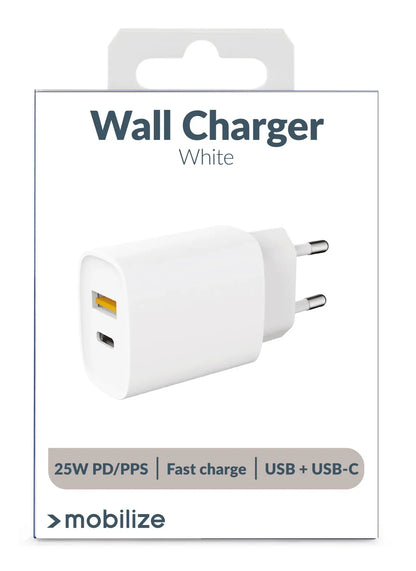 Mobilize Wall Charger Usb-C + Usb 25W With Pd/Pps White - Essentify