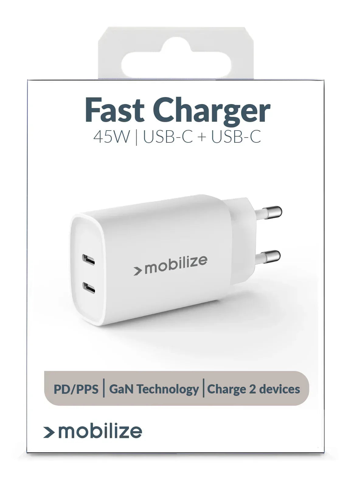 Mobilize Wall Charger 2X Usb-C Gan 45W With Pd/Pps White - Essentify