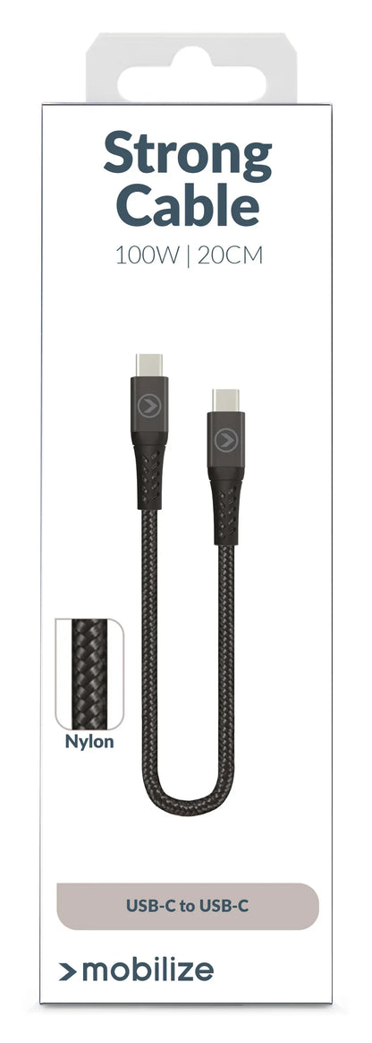 Mobilize Strong Nylon Cable Usb-C To Usb-C 20Cm. 100W Black - Essentify