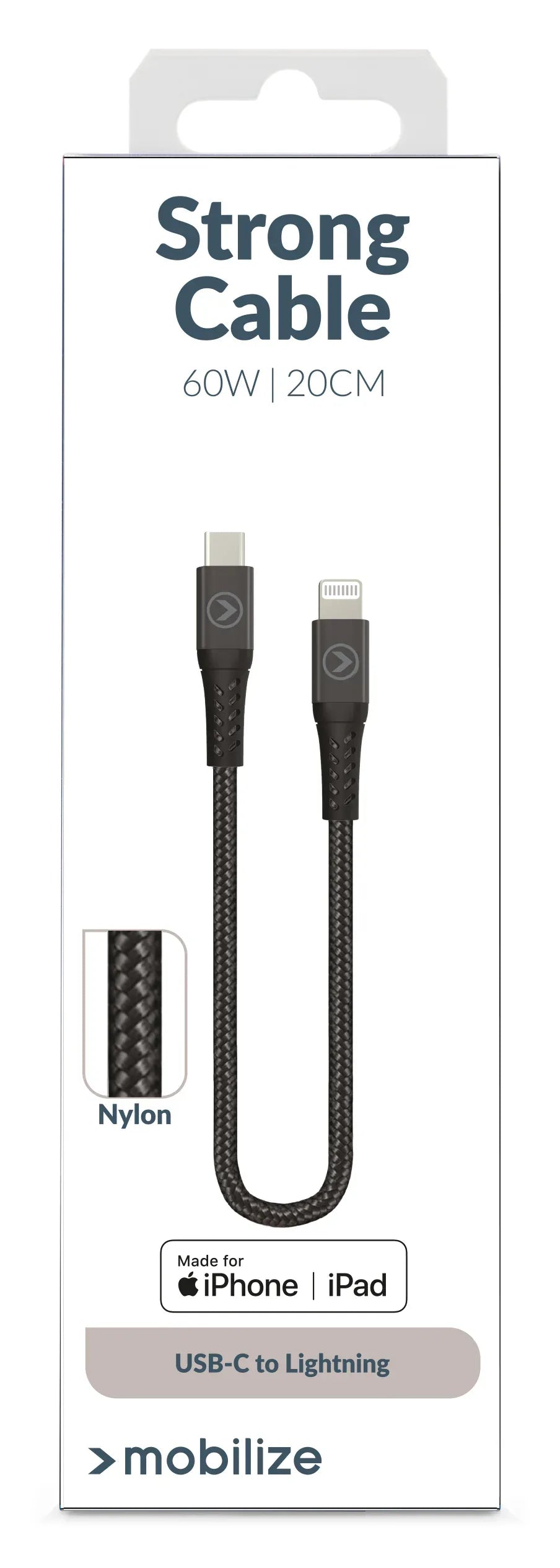 Mobilize Strong Nylon Cable Usb-C To Mfi Lighting 20Cm. 60W Black - Essentify