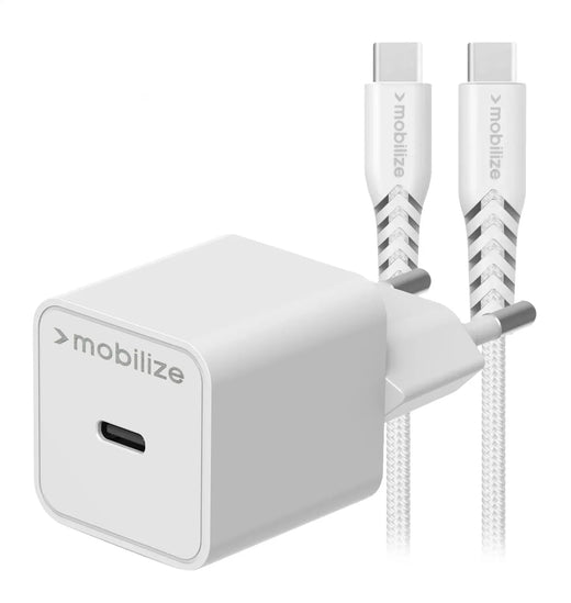Mobilize Wall Charger Usb-C Gan 30W With Pd/Pps + Usb-C Nylon Cable 1.2M White - Essentify