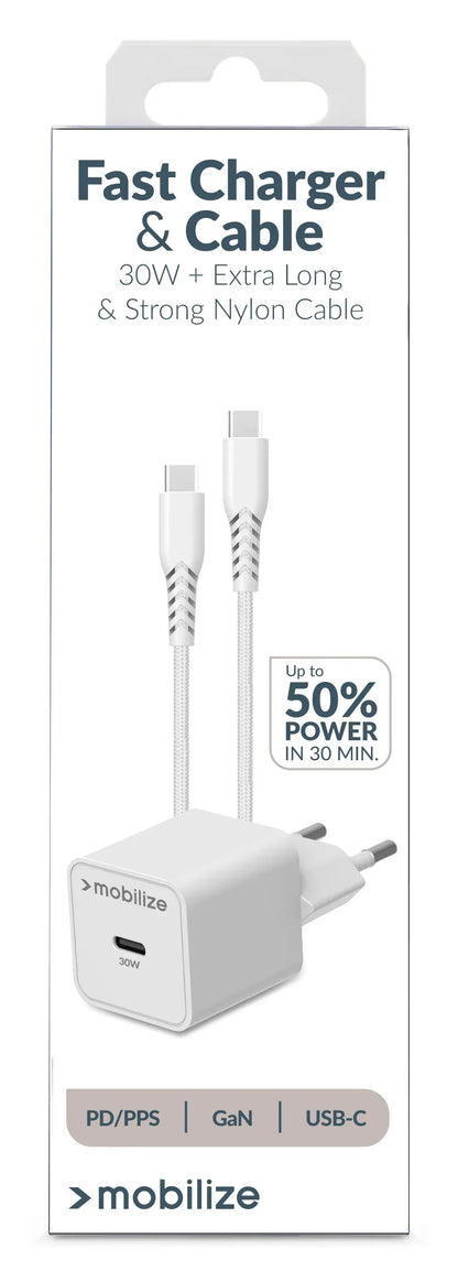 Mobilize Wall Charger Usb-C Gan 30W With Pd/Pps + Usb-C Nylon Cable 1.2M White - Essentify