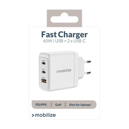 Mobilize Wall Charger 2X Usb-C + 1X Usb Gan 65W With Pd/Pps White