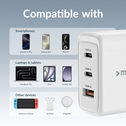 Mobilize Wall Charger 2X Usb-C + 1X Usb Gan 65W With Pd/Pps White