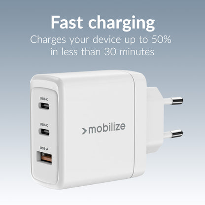 Mobilize Wall Charger 2X Usb-C + 1X Usb Gan 65W With Pd/Pps White
