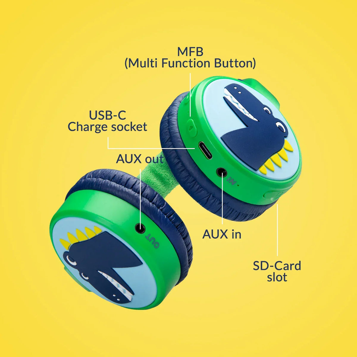 Mobilize Wireless/Wired Over Ear Kids Headphone 85Db Dinosaur - Essentify