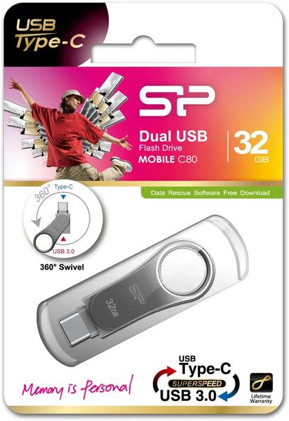 Silicon Power C80 Dual Usb Pendrive Mobile 32Gb Usb-C Grey - Essentify