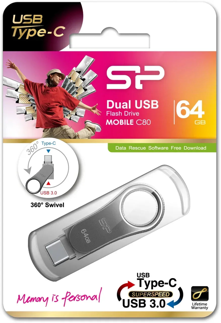 Silicon Power C80 Dual Usb Pendrive Mobile 64Gb Usb-C Grey - Essentify