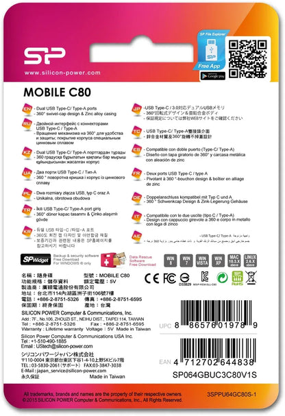 Silicon Power C80 Dual Usb Pendrive Mobile 64Gb Usb-C Grey - Essentify