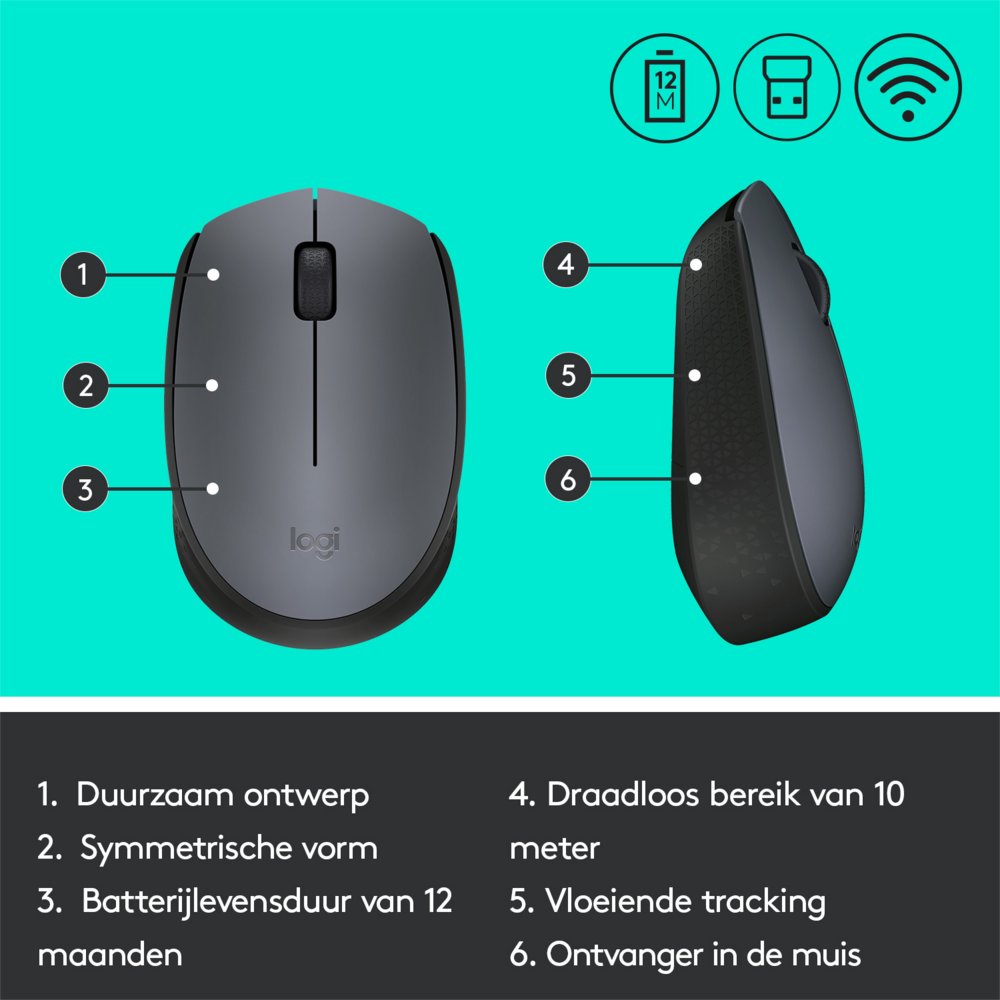 Logitech M170 | Draadloze Muis | Links- en Rechtshandig | RF | 1000 DPI | Grijs