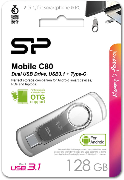 Silicon Power C80 Dual Usb Pendrive Mobile 128Gb Usb-C Grey - Essentify
