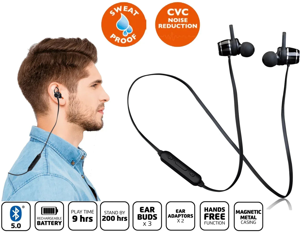 Lenco Sweatproof Bluetooth Stereo Headset Black - Essentify