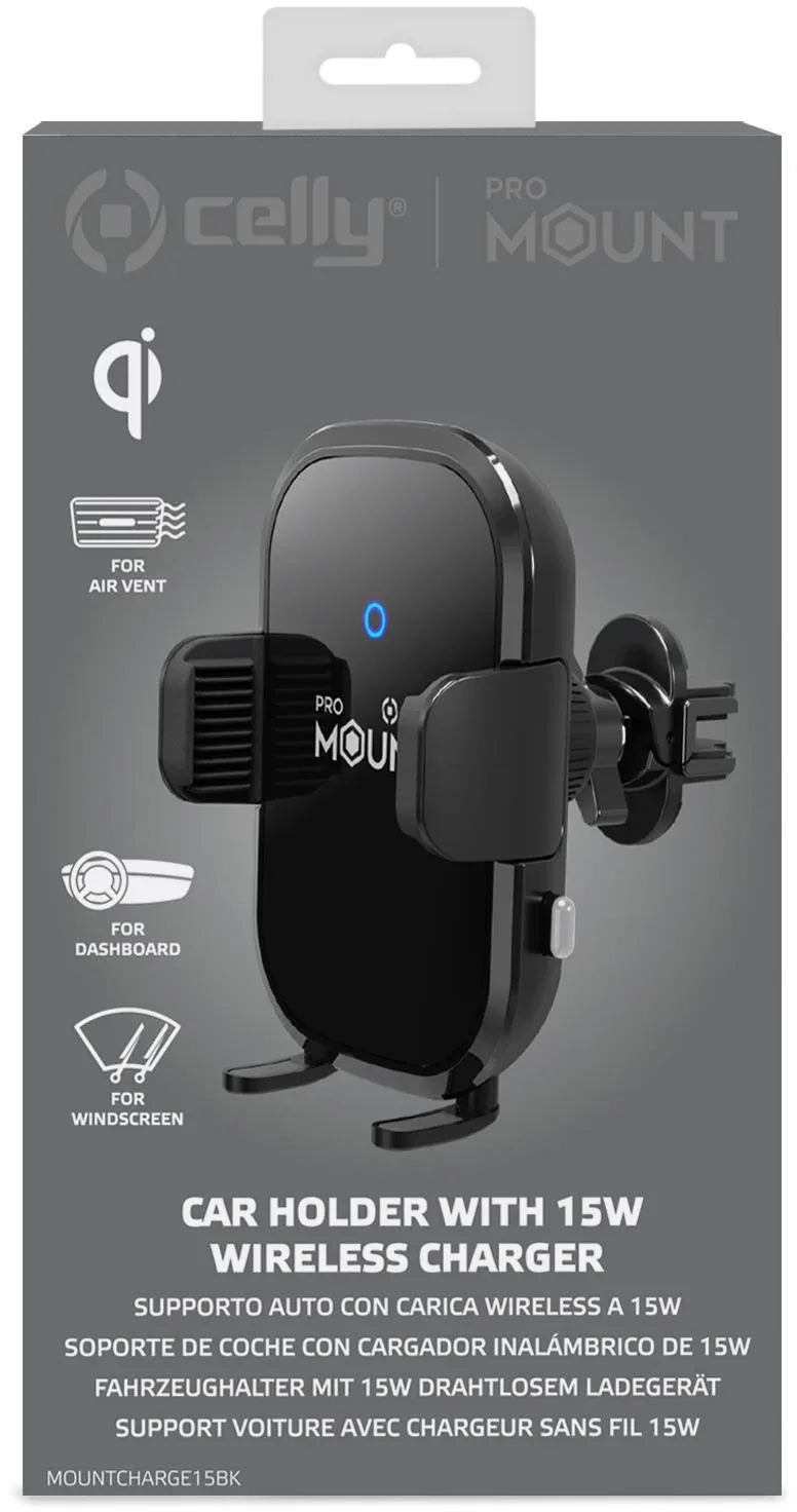 Celly Mountcharge15 Wireless Charger Car Holder 15W Black - Essentify