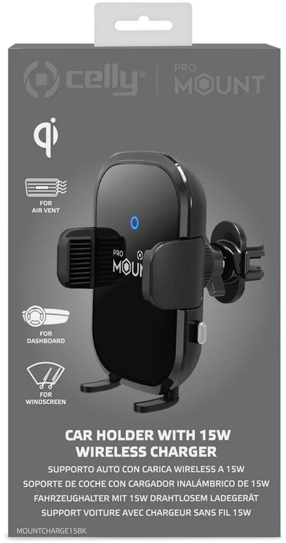 Celly Mountcharge15 Wireless Charger Car Holder 15W Black - Essentify