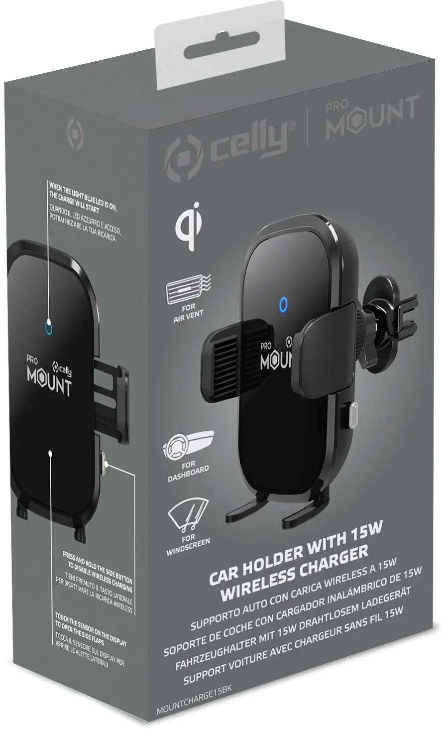 Celly Mountcharge15 Wireless Charger Car Holder 15W Black - Essentify