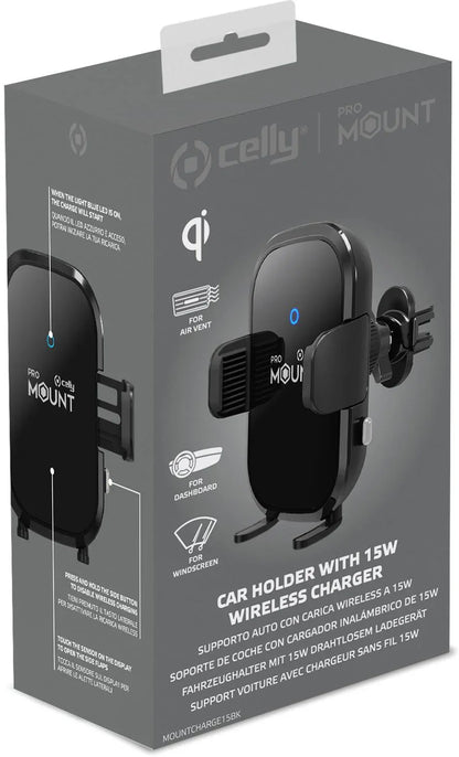 Celly Mountcharge15 Wireless Charger Car Holder 15W Black - Essentify
