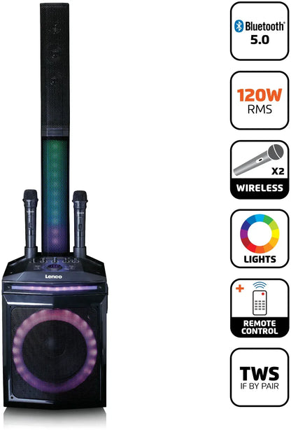 Lenco Bluetooth Party Speaker + Remote + 2 Microphones Black - Essentify