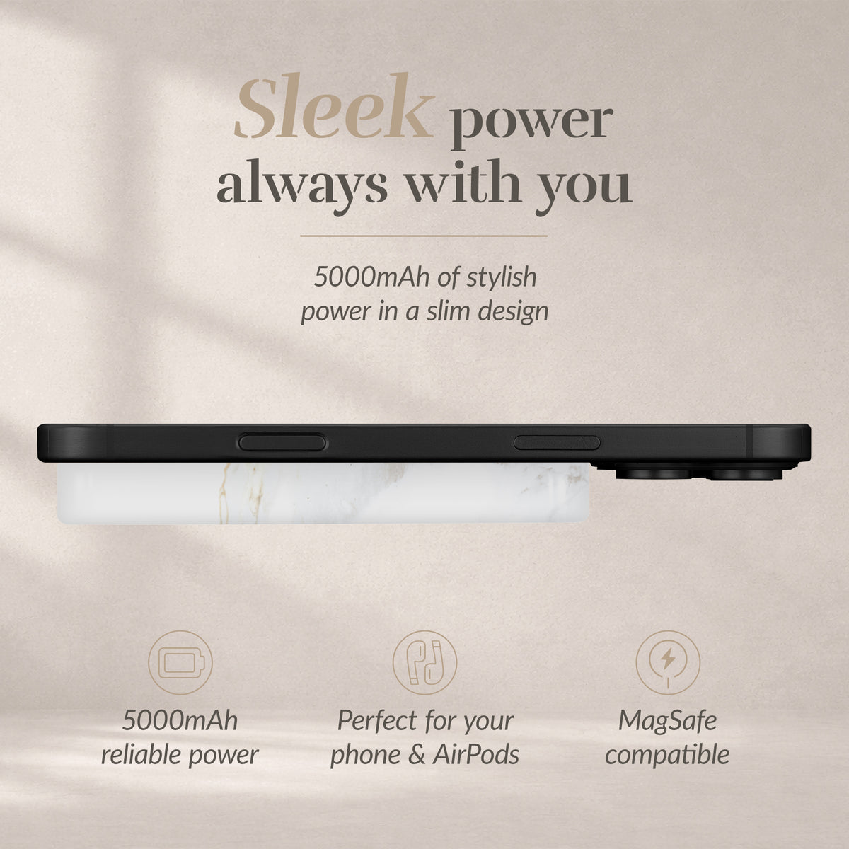 Mio By Mobilize Mio Powerbank 5000Mah With Double Sided Magsafe Compatibility White Marble - Matt