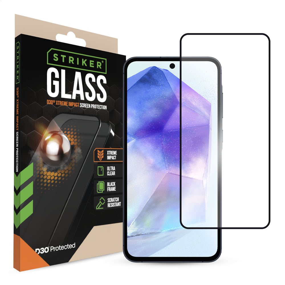 Striker D3O Xtreme Impact Glass Screen Protector - Black Frame - Samsung Galaxy A35 5G/A36 5G/A55 5G/A56 5G/S24 Fe 5G