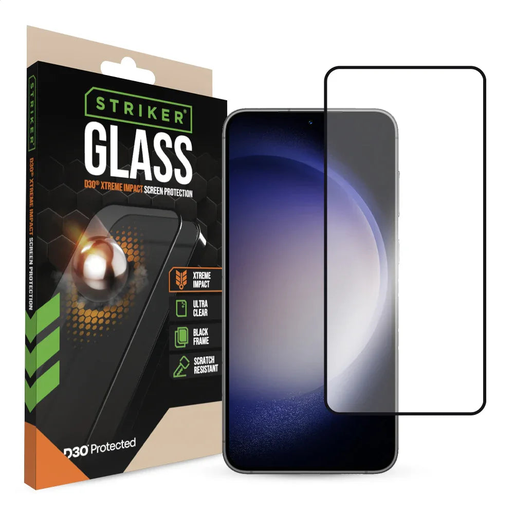 Striker D3O Xtreme Impact Glass Screen Protector - Black Frame - Samsung Galaxy S22 5G/S23 5G - Essentify