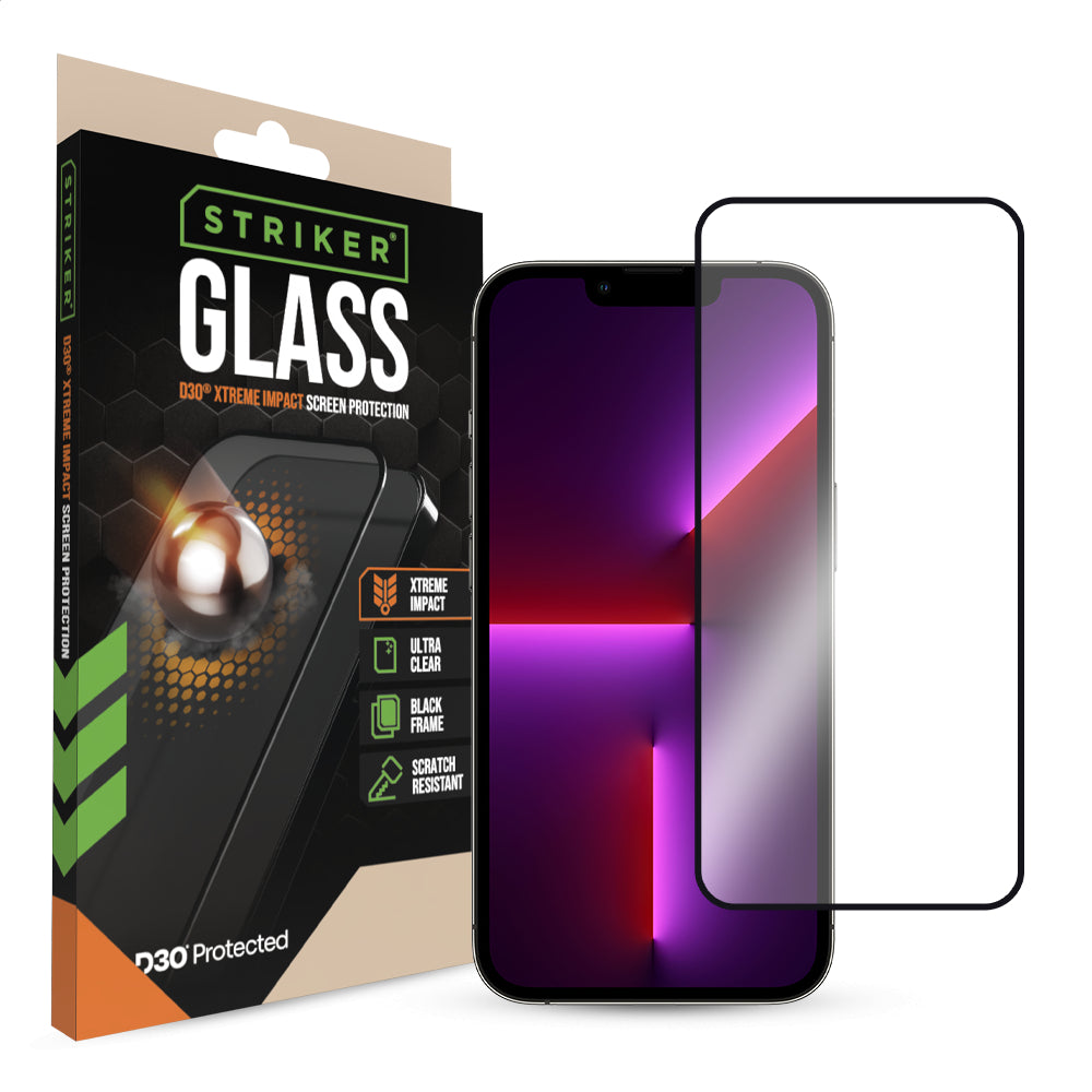 Striker D3O Xtreme Impact Glass Screen Protector - Black Frame - Apple Iphone 13/13 Pro/14/16E