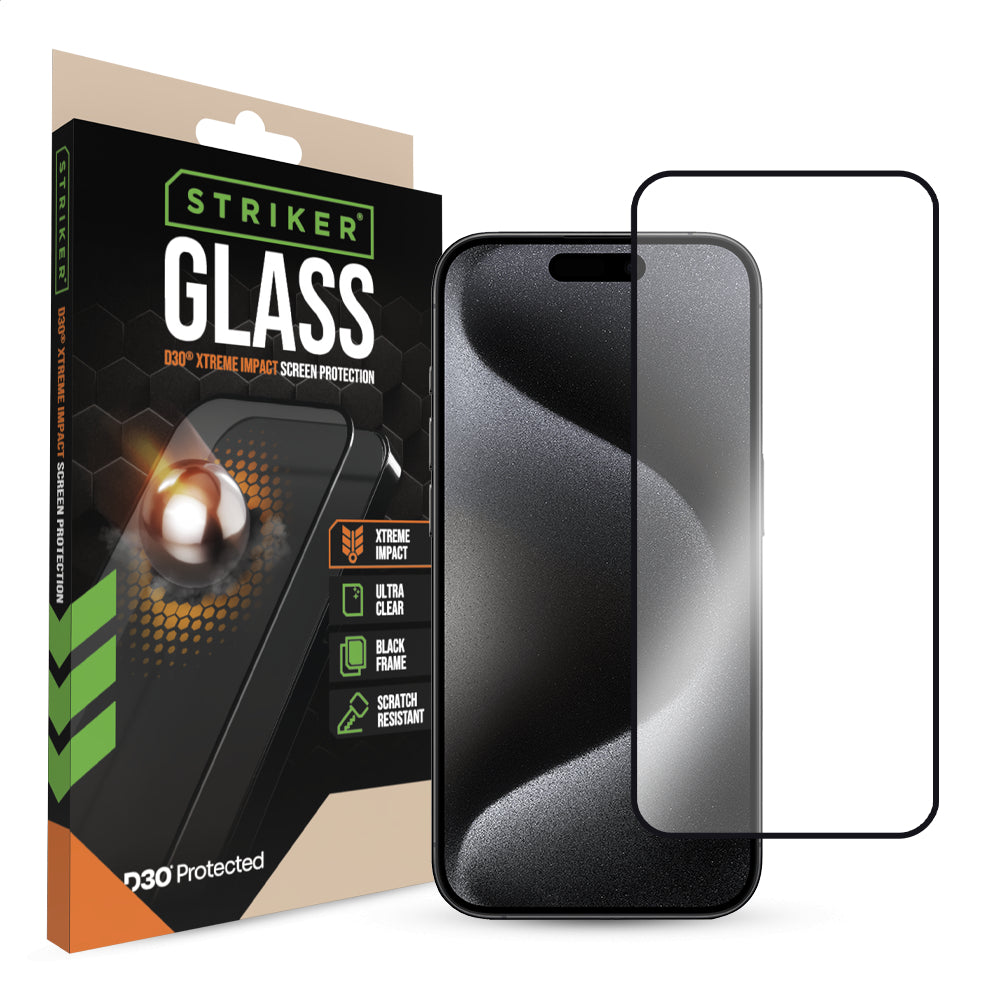 Striker D3O Xtreme Impact Glass Screen Protector - Black Frame - Apple Iphone 15 Pro