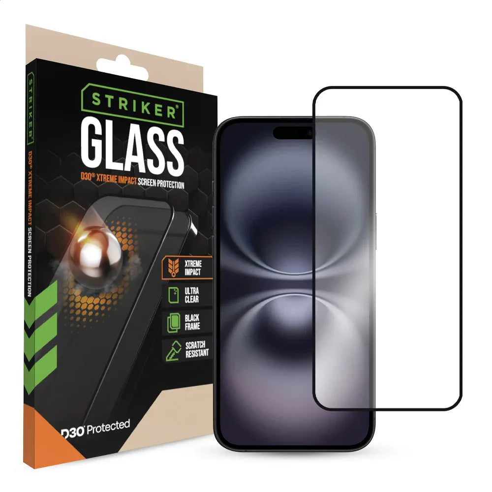 Striker D3O Xtreme Impact Glass Screen Protector - Black Frame - Apple Iphone 14 Pro Max/15 Plus/16 Plus - Essentify
