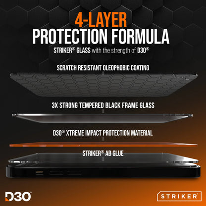 Striker D3O Xtreme Impact Glass Screen Protector - Black Frame - Apple Iphone 14 Pro Max/15 Plus/16 Plus - Essentify