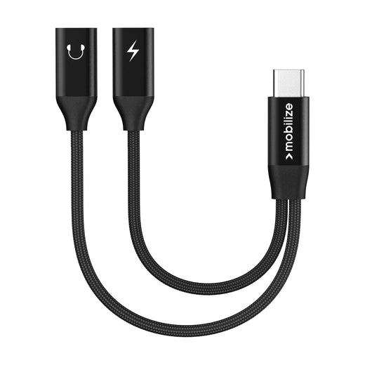 Mobilize Strong Nylon Usb-C Splitter For Audio And Charging 15Cm Black - Essentify
