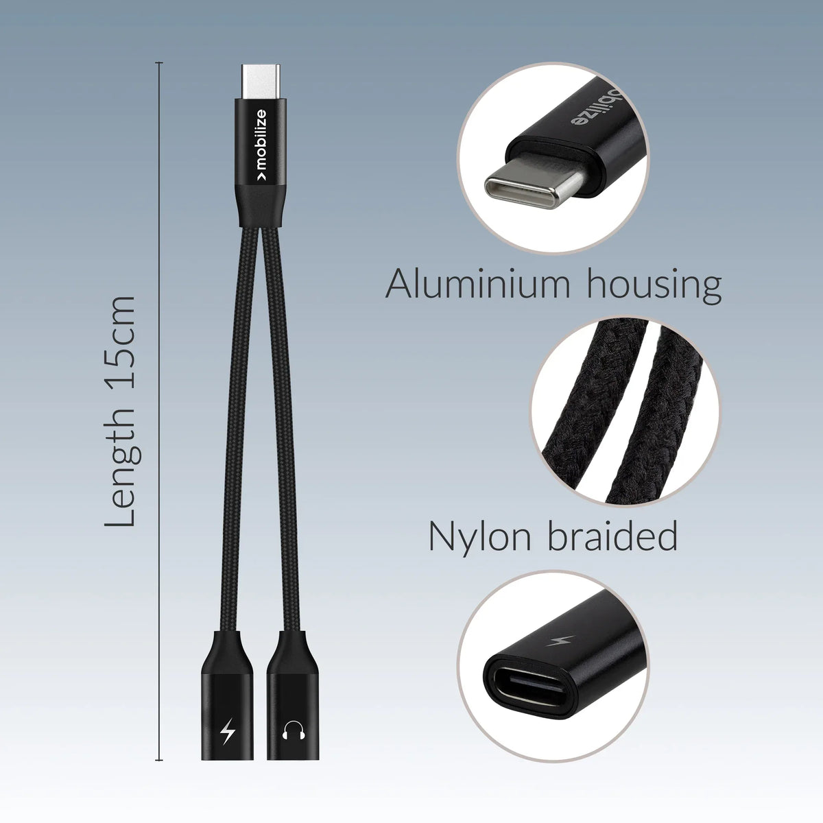 Mobilize Strong Nylon Usb-C Splitter For Audio And Charging 15Cm Black - Essentify