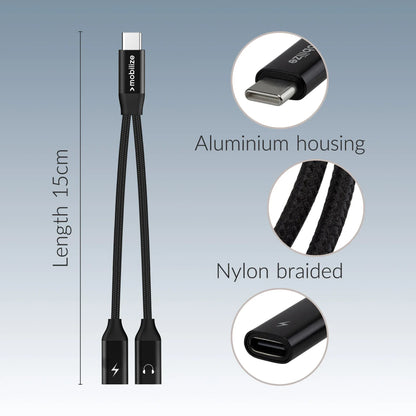 Mobilize Strong Nylon Usb-C Splitter For Audio And Charging 15Cm Black - Essentify