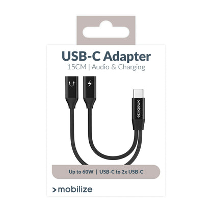 Mobilize Strong Nylon Usb-C Splitter For Audio And Charging 15Cm Black - Essentify