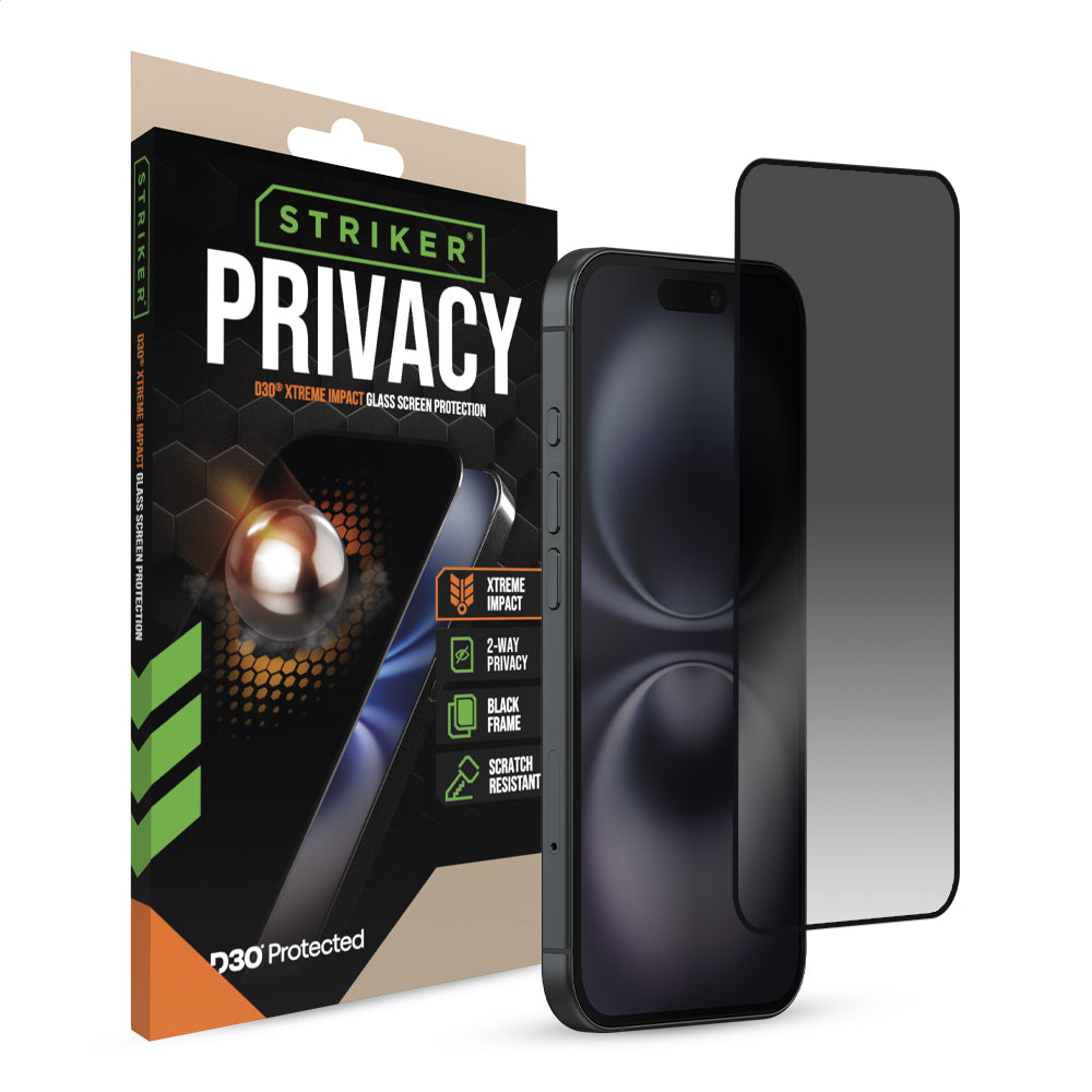 Striker D3O Xtreme Impact Privacy Glass Screen Protector - Black Frame - Apple Iphone 14 Pro/15/16