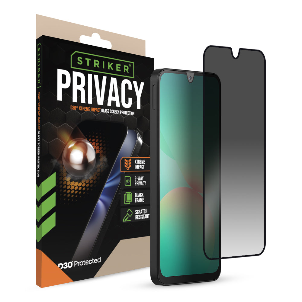 Striker D3O Xtreme Impact Privacy Glass Screen Protector - Black Frame - Samsung Galaxy A16 (4G/5G)/A17 (4G/5G)/A26 5G