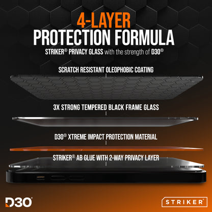 Striker D3O Xtreme Impact Privacy Glass Screen Protector - Black Frame - Samsung Galaxy S24 5G/S25 5G