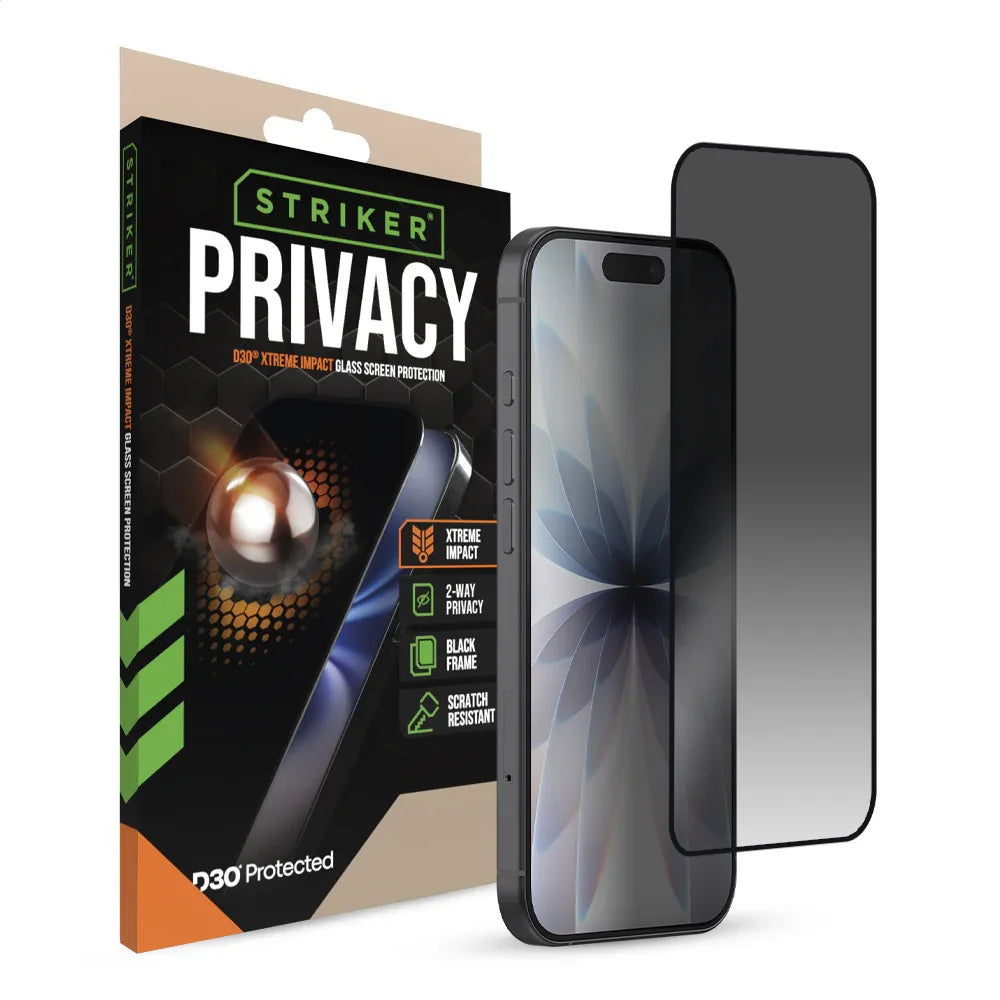 Striker D3O Xtreme Impact Privacy Glass Screen Protector - Black Frame - Apple Iphone 16 Pro/17/17 Pro - Essentify