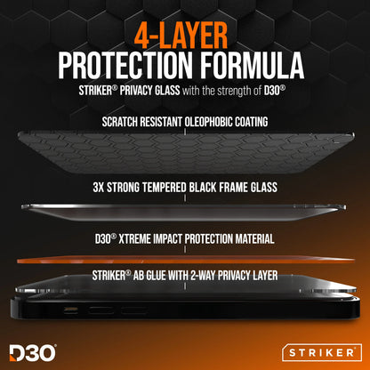 Striker D3O Xtreme Impact Privacy Glass Screen Protector - Black Frame - Apple Iphone 16 Pro/17/17 Pro - Essentify