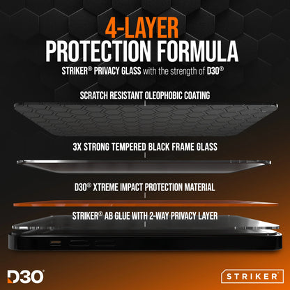 Striker D3O Xtreme Impact Privacy Glass Screen Protector - Black Frame - Apple Iphone Air - Essentify