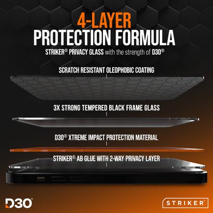 Striker D3O Xtreme Impact Privacy Glass Screen Protector - Black Frame - Samsung Galaxy S26+ 5G