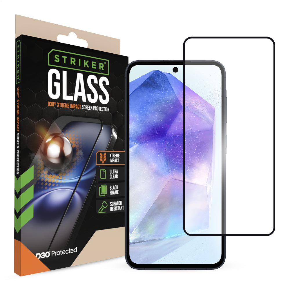 Striker D3O Xtreme Impact Glass Screen Protector - Black Frame - Samsung Galaxy A56 5G/A57 5G/S25 Fe