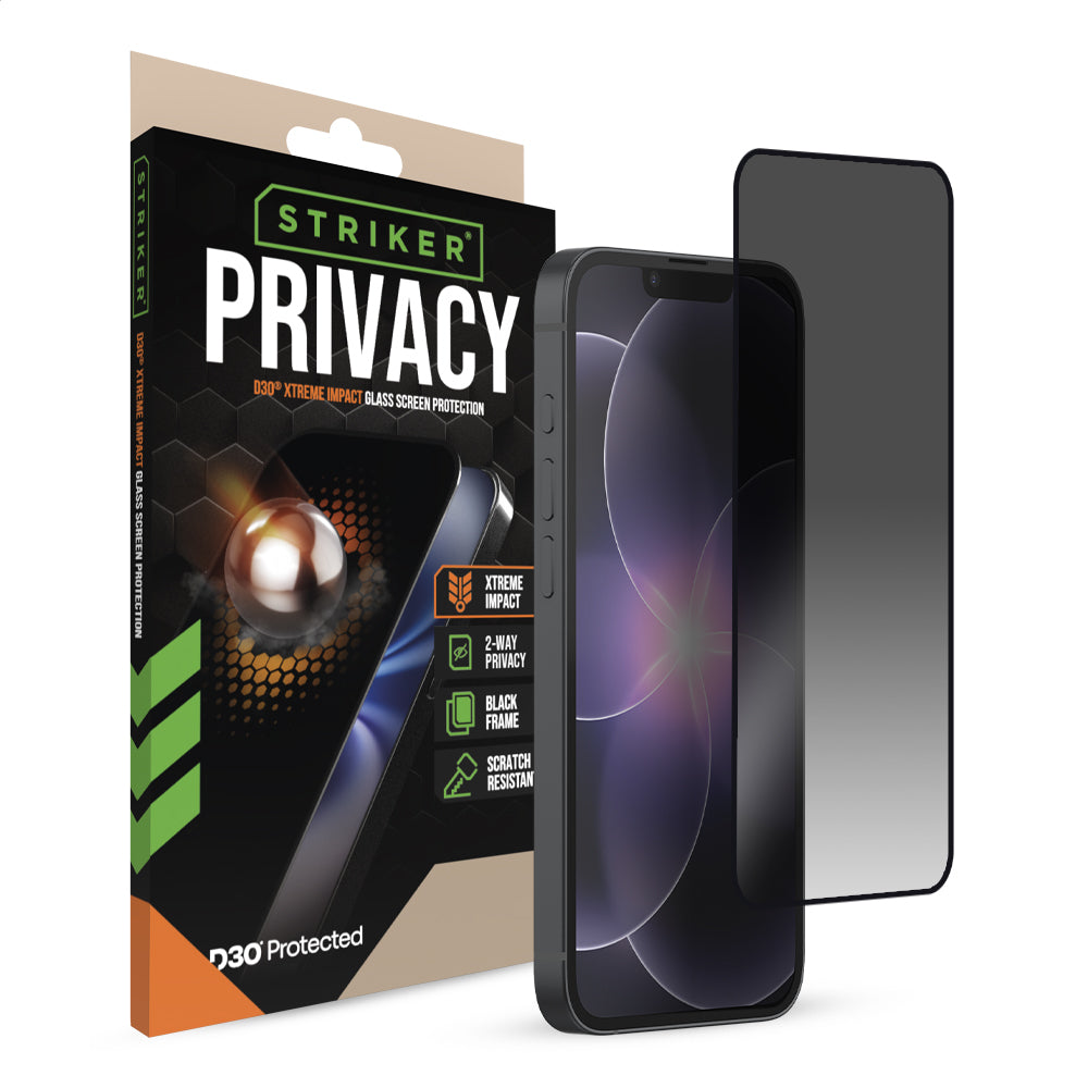 Striker D3O Xtreme Impact Privacy Glass Screen Protector - Black Frame - Apple Iphone 17E