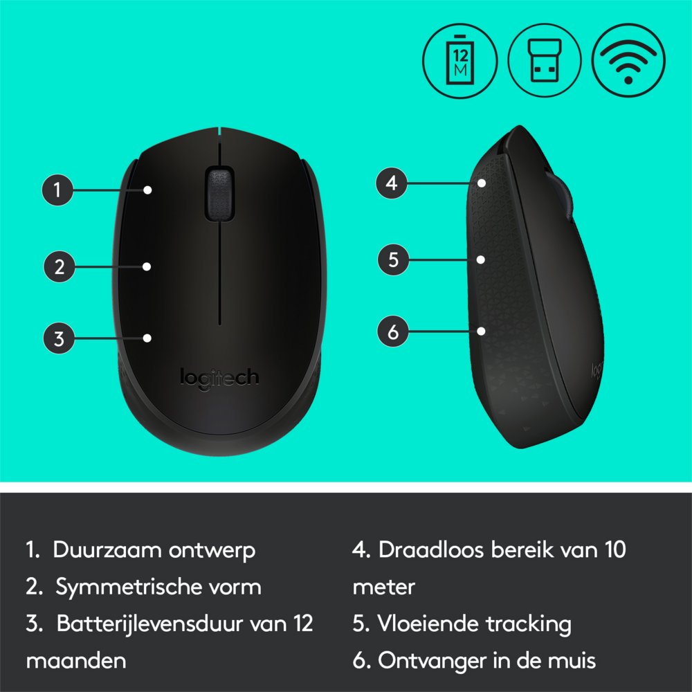 Logitech M171 | Draadloze Muis | Links- en Rechtshandig | RF | 1000 DPI | Zwart