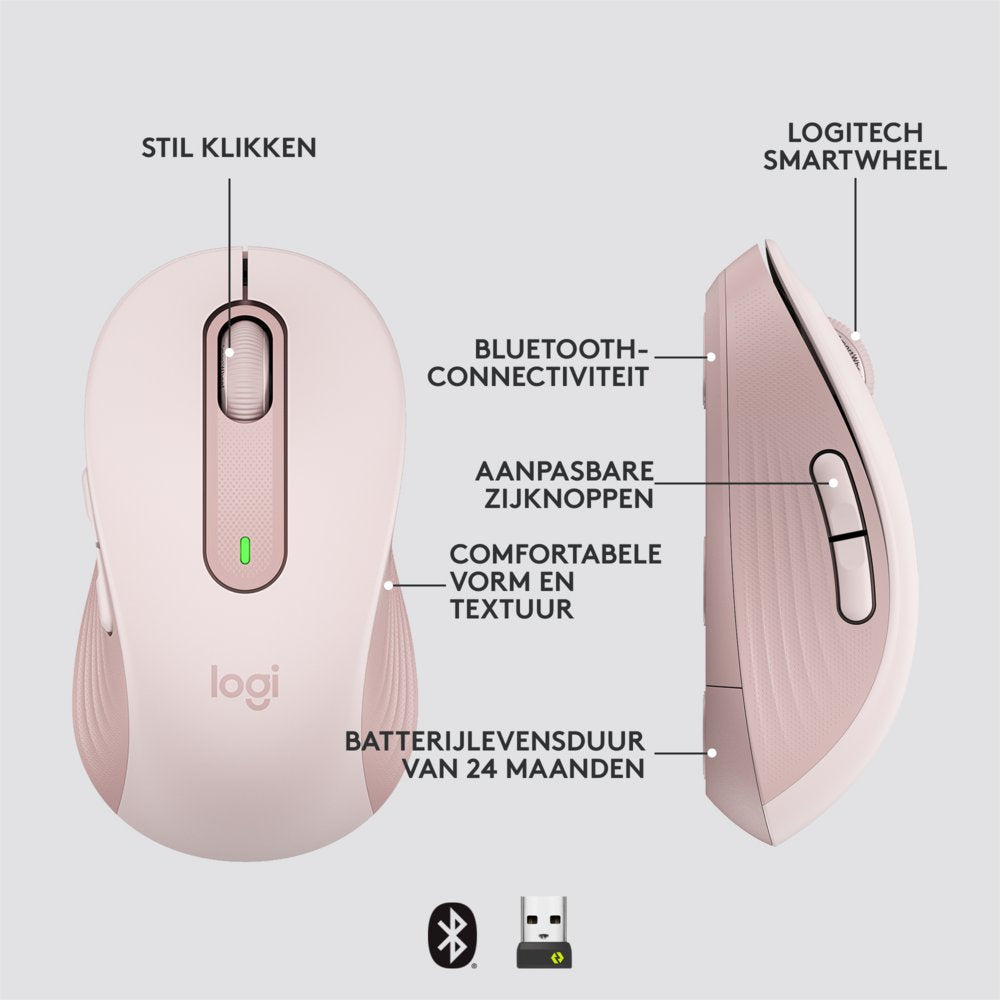 Logitech Signature M650 | Draadloze Muis | Rechtshandig | RF + Bluetooth | 2000 DPI | Roze