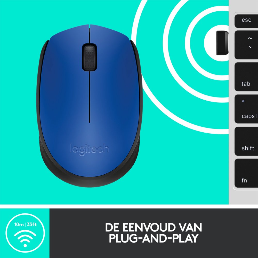 Logitech M171 | Draadloze Muis | Links- en Rechtshandig | RF | 1000 DPI | Zwart/Blauw