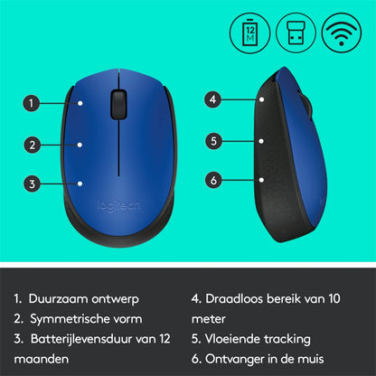 Logitech M171 | Draadloze Muis | Links- en Rechtshandig | RF | 1000 DPI | Zwart/Blauw