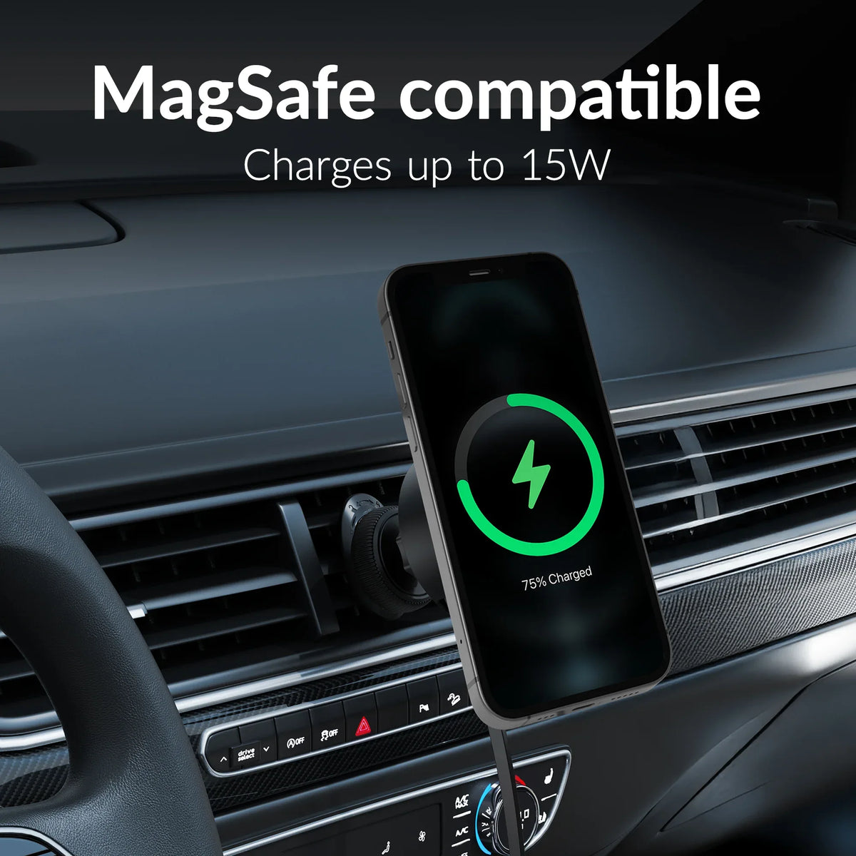 Mobilize Magsafe Compatible Car Holder/Charger 7.5W/10W/15W With Retractable Usb-C Cable Black - Essentify
